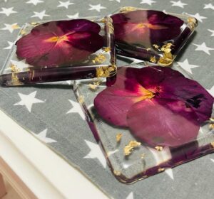Tea coasters set with real dry rose inside with golden flakes